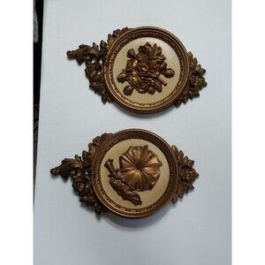 Vintage Dart Ind. 1977 Syroco MCM Wall Plaques Floral Gold/Cream Made In USA